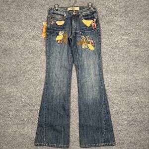 New Yag Couture Womens Size 7 Patchwork Bootcut Jeans Blue Distressed Mid Rise